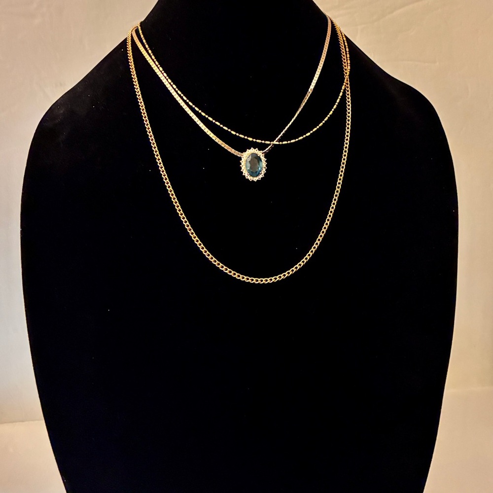 3 Vintage Gold Tone Necklaces 2 Plain Chains, 1 with Blue Glass Stone Pendant